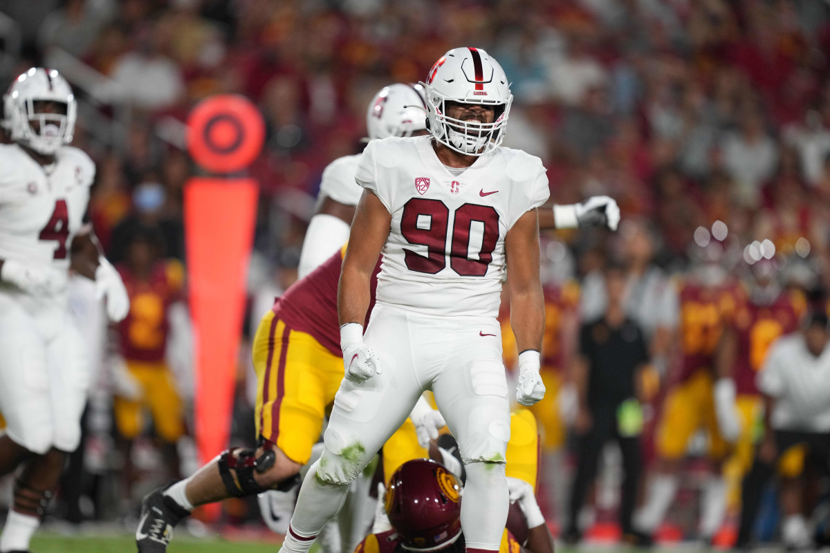 Stanford Cardinal linebacker Gabe Reid (90) celebrates in the first quarter against the Southern California Trojans at United Airlines Field at Los Angeles Memorial Coliseum.