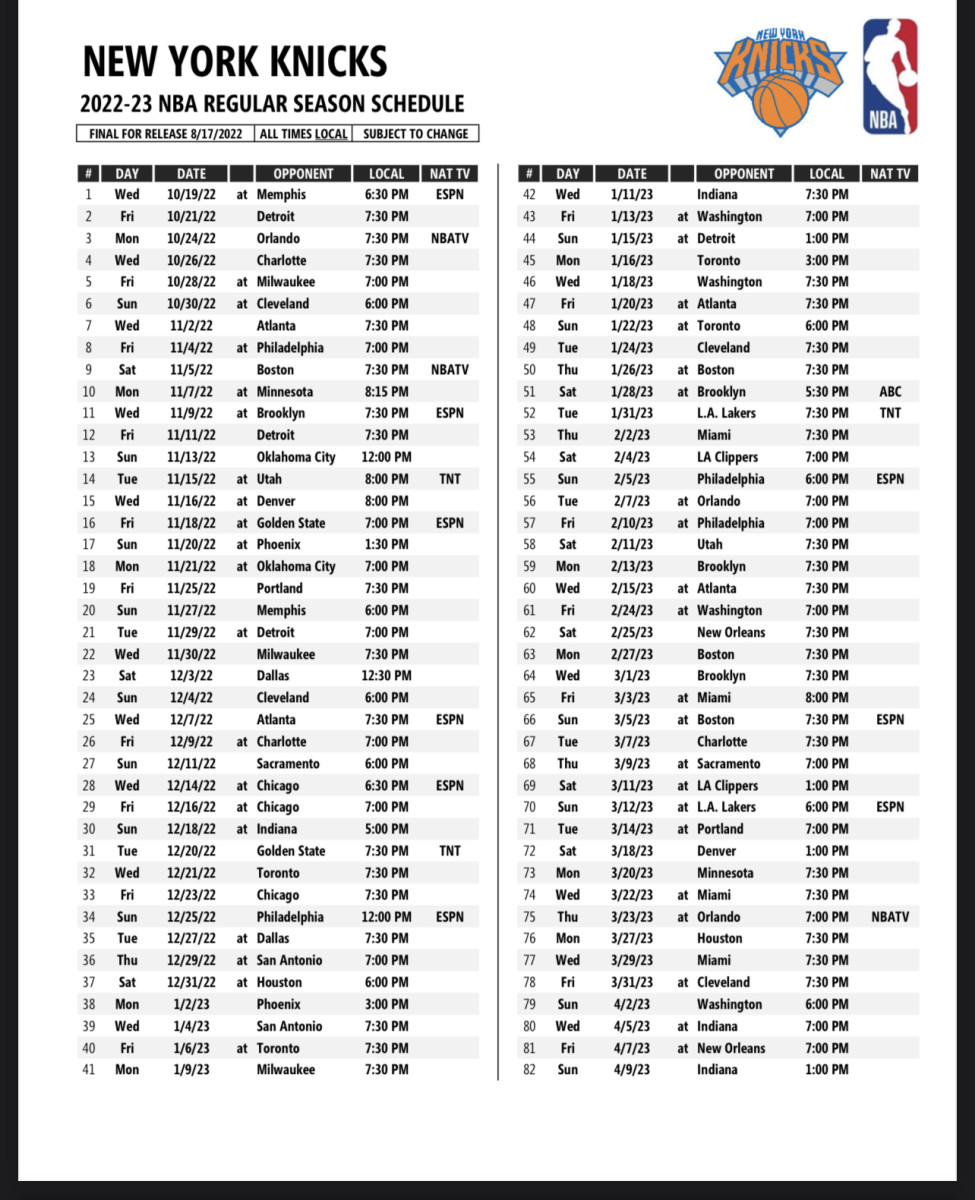 Save the Dates New York Knicks #39 2022 23 Schedule Unveiled Sports
