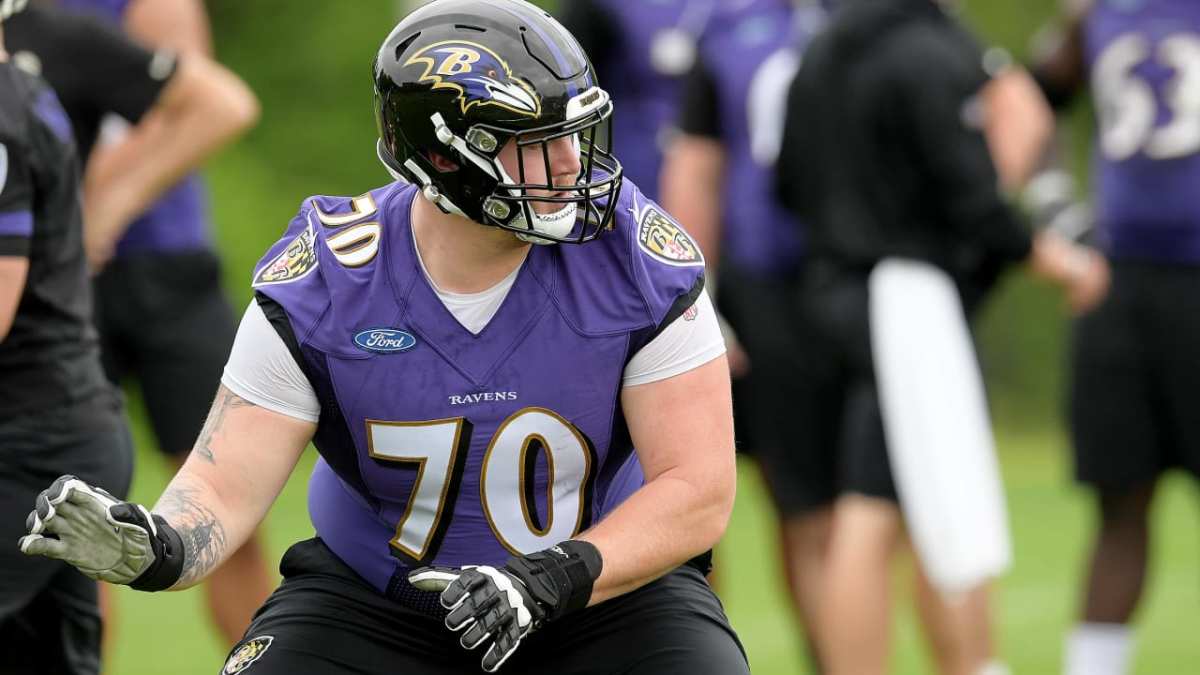 Baltimore Ravens guard Ben Cleveland during the second half of an NFL  football game against the New England Patriots, Sunday, Sept. 25, 2022, in  Foxborough, Mass. (AP Photo/Paul Connors Stock Photo - Alamy