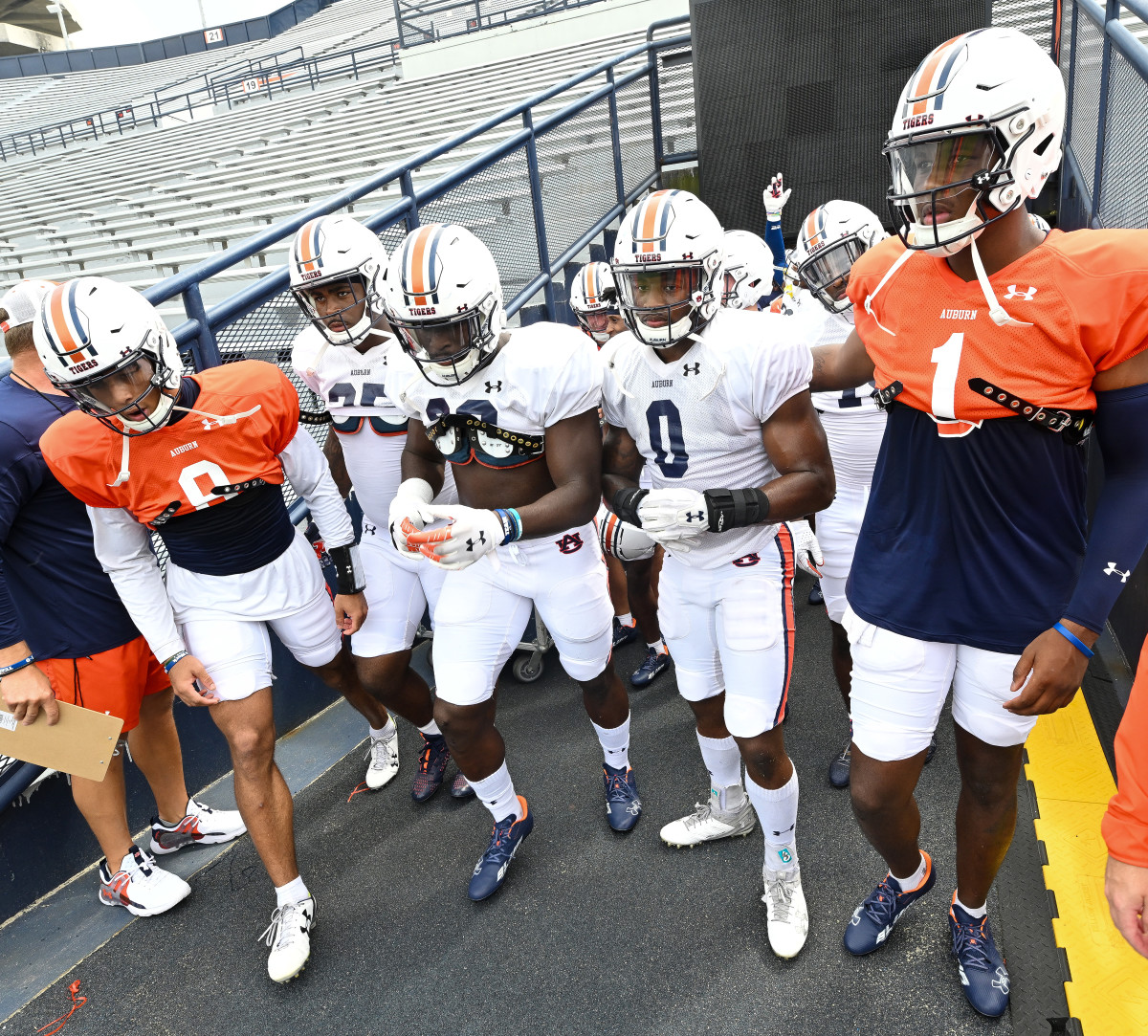 Robby Ashford (9), Colby Wooden (25), Derick Hall (29), Owen Pappoe (0), T.J. Finley (1)Auburn football scrimmage on Friday, Aug. 19, 2022 in Auburn, Ala. Todd Van Emst/AU Athletics