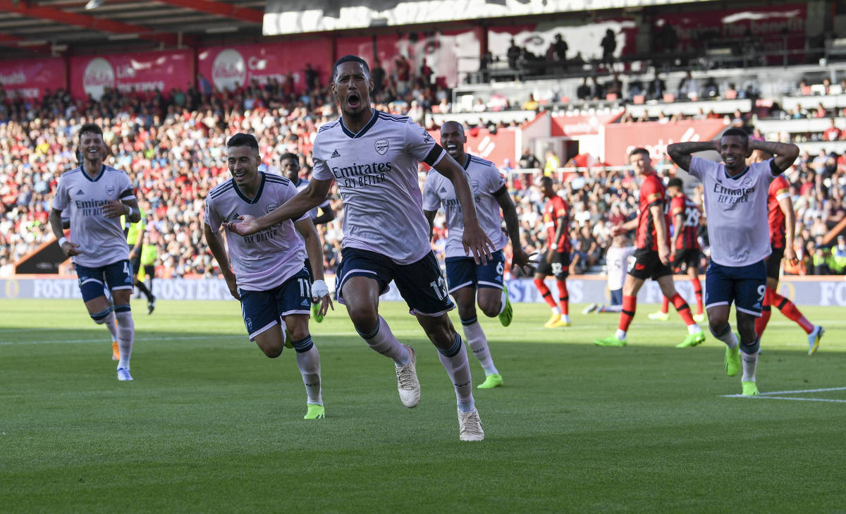 William Saliba (center) pictured celebrating after scoring a goal in Arsenal's 3-0 win at Bournemouth in August 2022