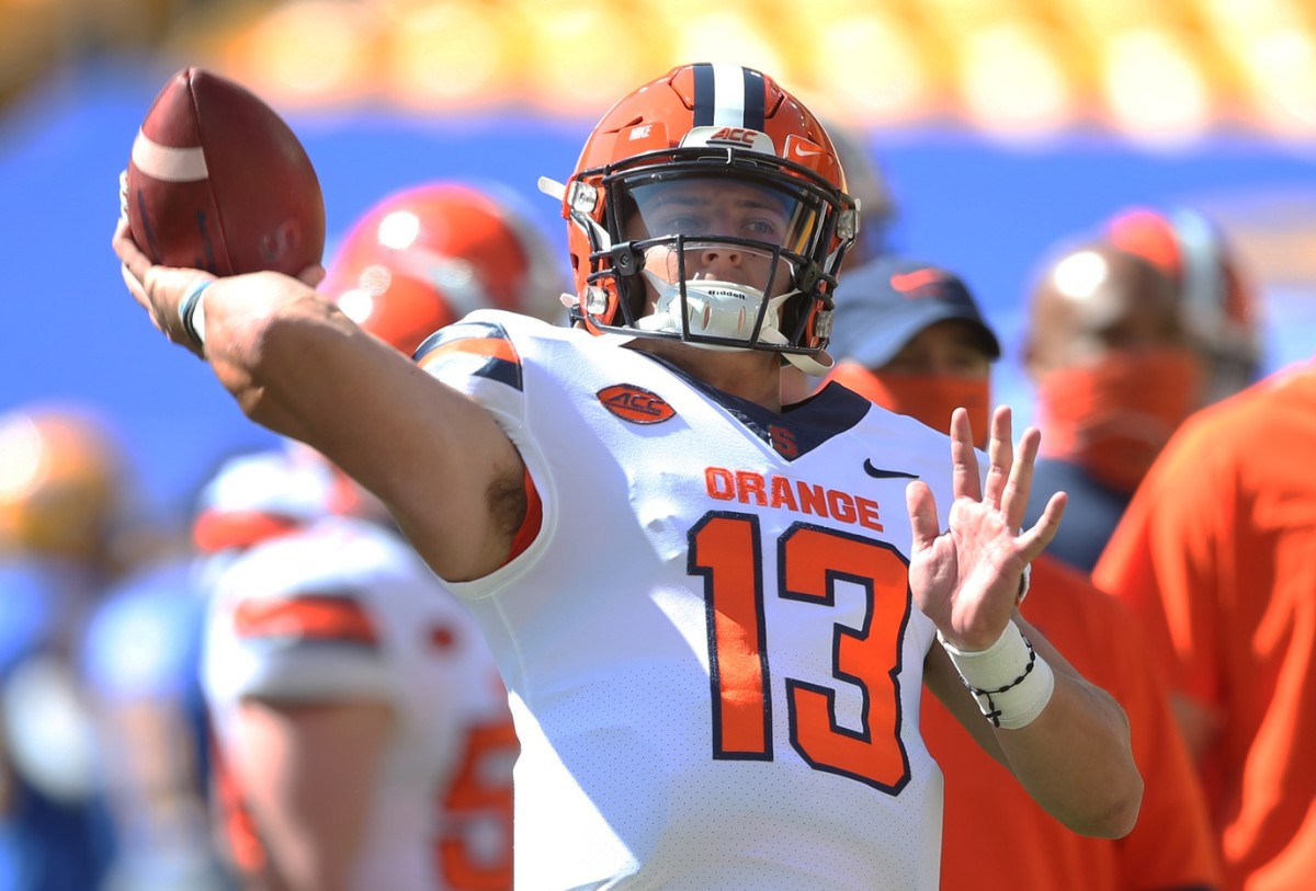 Syracuse Orange quarterback Tommy DeVito (13) warms up before playing the Pittsburgh Panthers at Heinz Field. Charles LeClaire-USA TODAY Sports