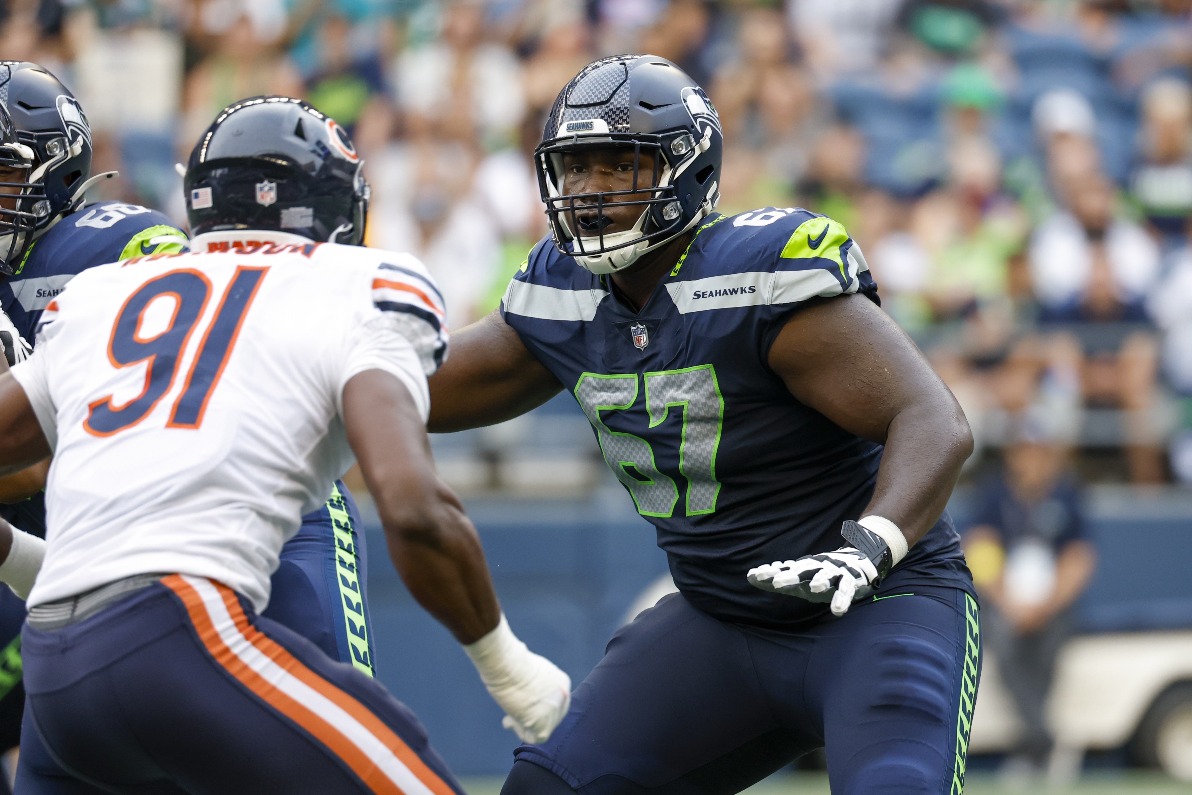 Seattle Seahawks offensive tackle Charles Cross (67) during an NFL football  game against the Arizona Cardinals, Sunday, Oct. 16, 2022, in Seattle, WA.  The Seahawks defeated the Cardinals 19-9. (AP Photo/Ben VanHouten