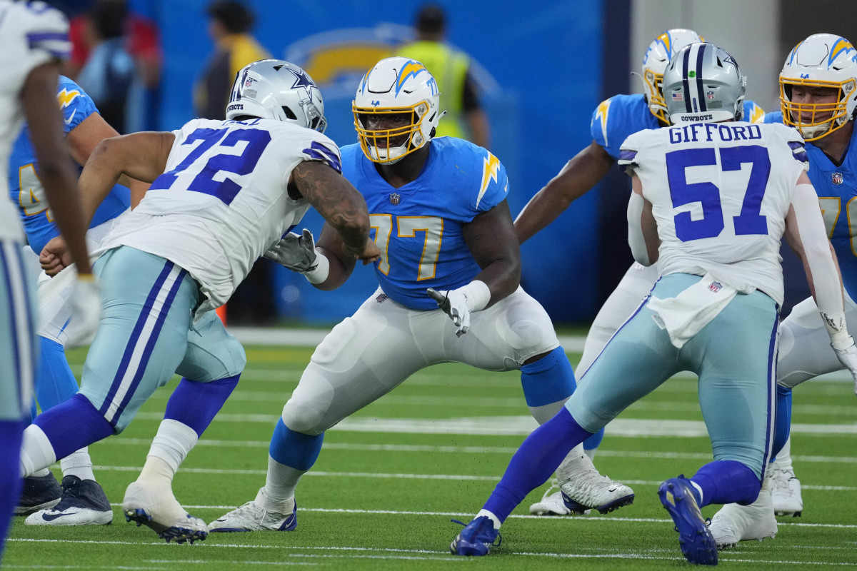 Aug 20, 2022; Inglewood, California, USA; Los Angeles Chargers guard Zion Johnson (77) blocks against the Dallas Cowboys in the first half at SoFi Stadium. Mandatory Credit: Kirby Lee-USA TODAY Sports