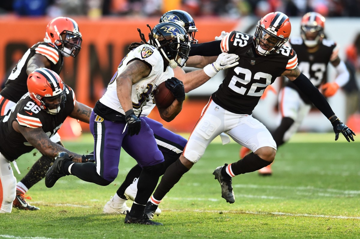 CLEVELAND, OH - DECEMBER 24: Cleveland Browns safety Grant Delpit (22)  celebrates after making a tackle during the third quarter of the National  Football League game between the New Orleans Saints and