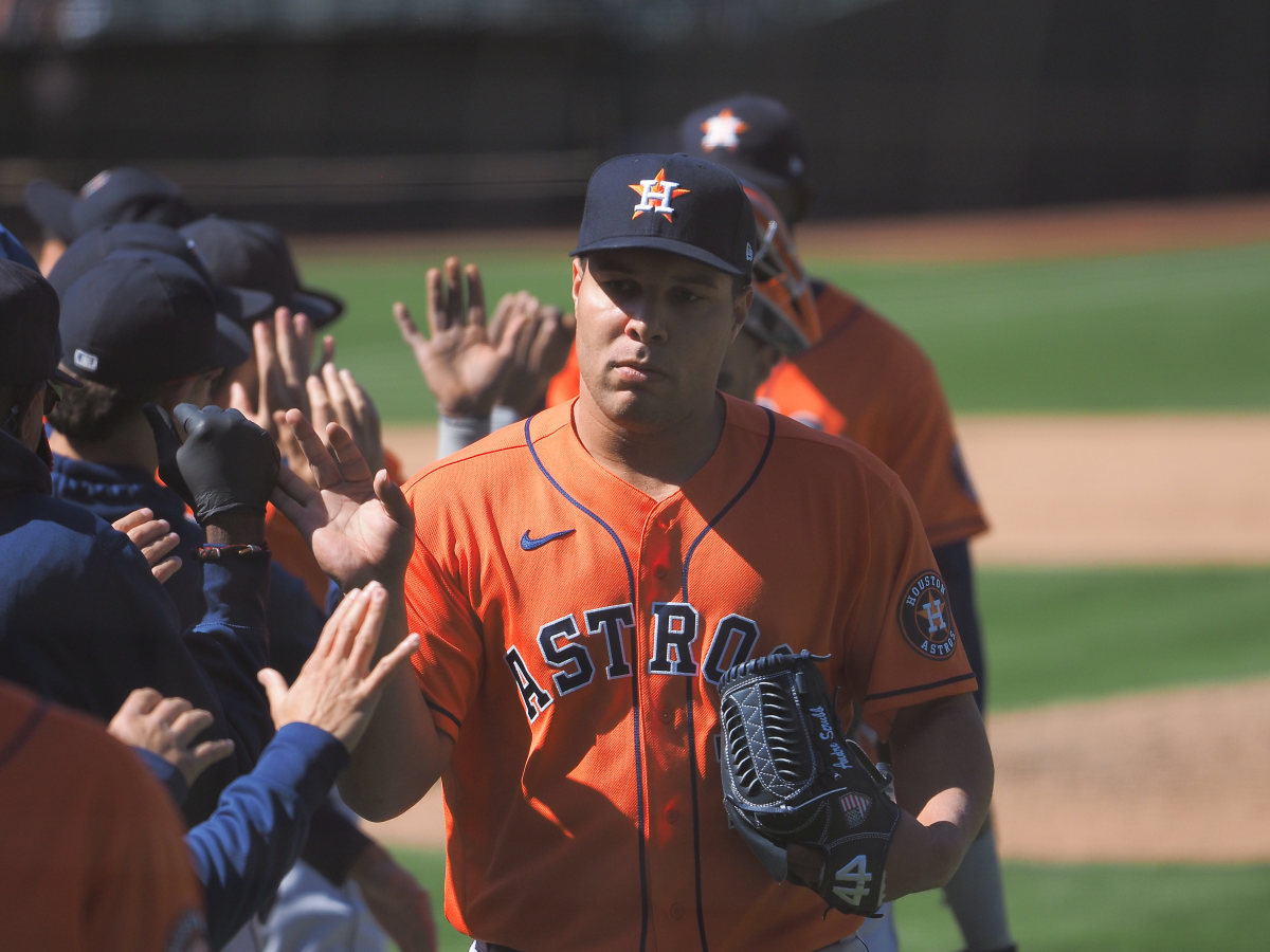 Houston, United States. 28th July, 2020. Houston Astros relief pitcher Andre  Scrubb leaves the mound after retiring the side in his Major League debut  against the Los Angeles Dodgers in the 5th