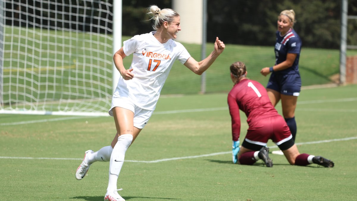 Virginia women's soccer striker Haley Hopkins celebrates after scoring one of her career-high three goals against Fairleigh Dickinson on Sunday at Klockner Stadium.