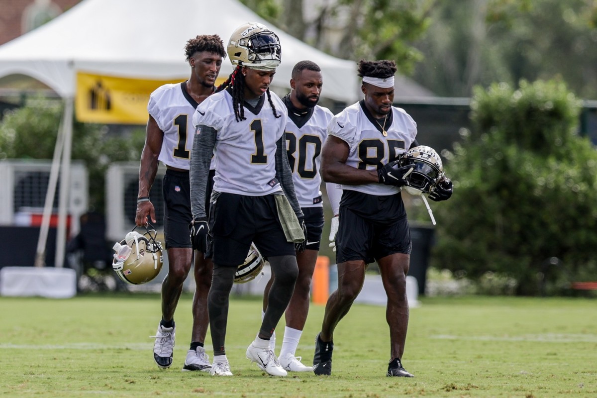 New Orleans Saints wide receivers Marquez Callaway (1), Jarvis Landry (80), Kirk Merritt (85) and Michael Thomas (13) during training camp. Mandatory Credit: Stephen Lew-USA TODAY Sports