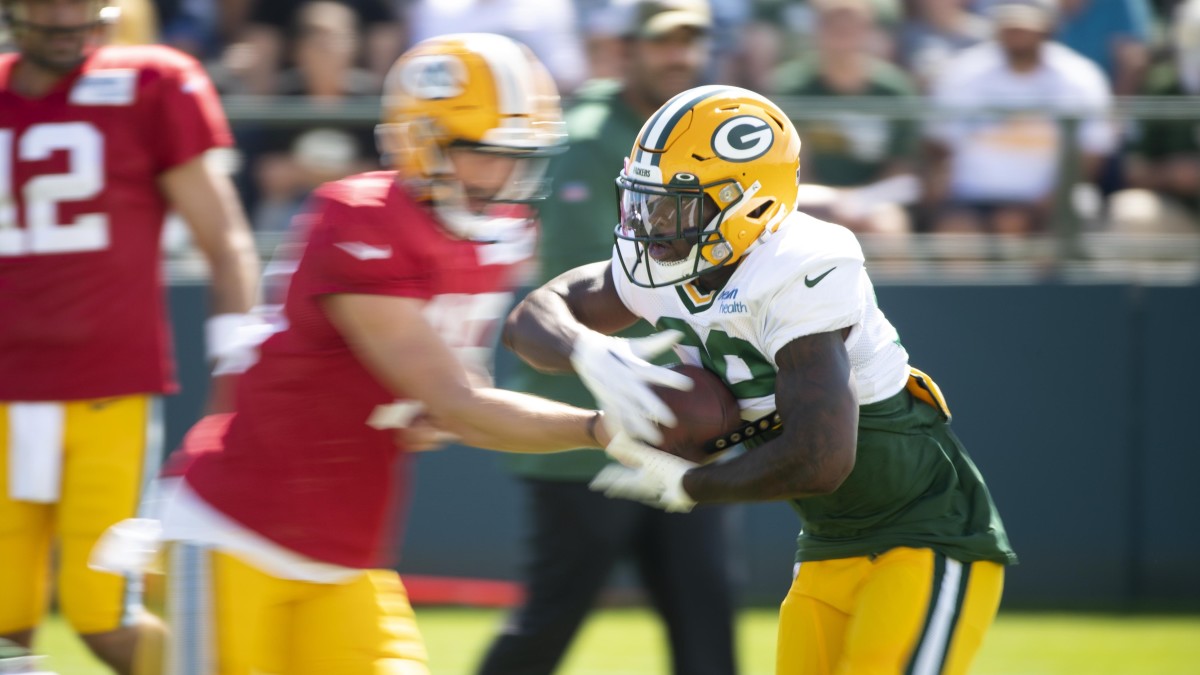 Green Bay Packers offensive tackle Caleb Jones (72) lines up for the play  during a preseason