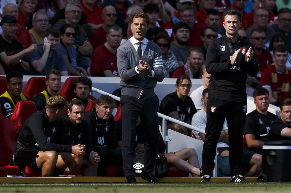 Scott Parker (center) pictured on the touchline during Bournemouth's 9-0 defeat at Liverpool in August 2022