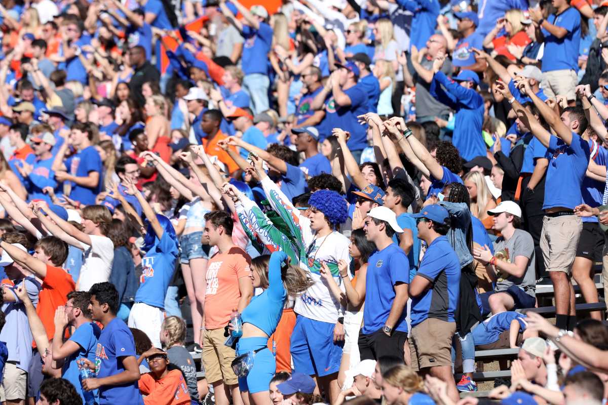 Florida Gators fans gesture and yell on third down during a football game against Samford University, at Ben Hill Griffin Stadium in Gainesville Fla. Nov. 13, 2021.