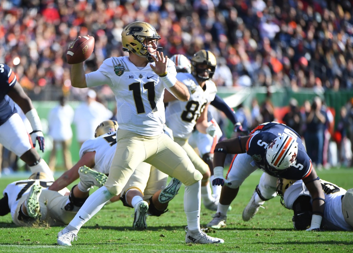 Dec 28, 2018; Nashville, TN, USA; Purdue Boilermakers quarterback David Blough (11) attempts a pass during the first half against the Auburn Tigers in the 2018 Music City Bowl at Nissan Stadium.