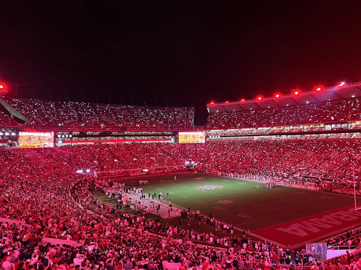 Bryant-Denny Stadium lit up against Utah State