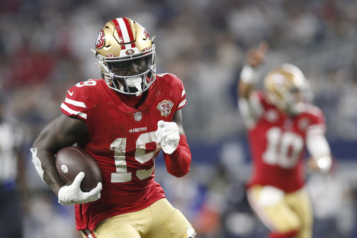 San Francisco 49ers wide receiver Deebo Samuel (19) in action during an NFL  football game against the Las Vegas Raiders, Sunday, Aug. 28, 2021, in  Santa Clara, Calif. (AP Photo/Scot Tucker Stock