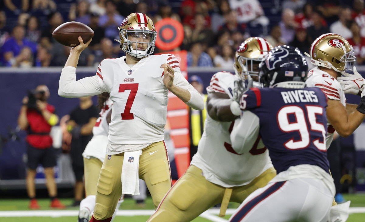 San Francisco 49ers quarterback Nate Sudfeld (7) attempts a pass during the third quarter against the Houston Texans at NRG Stadium.