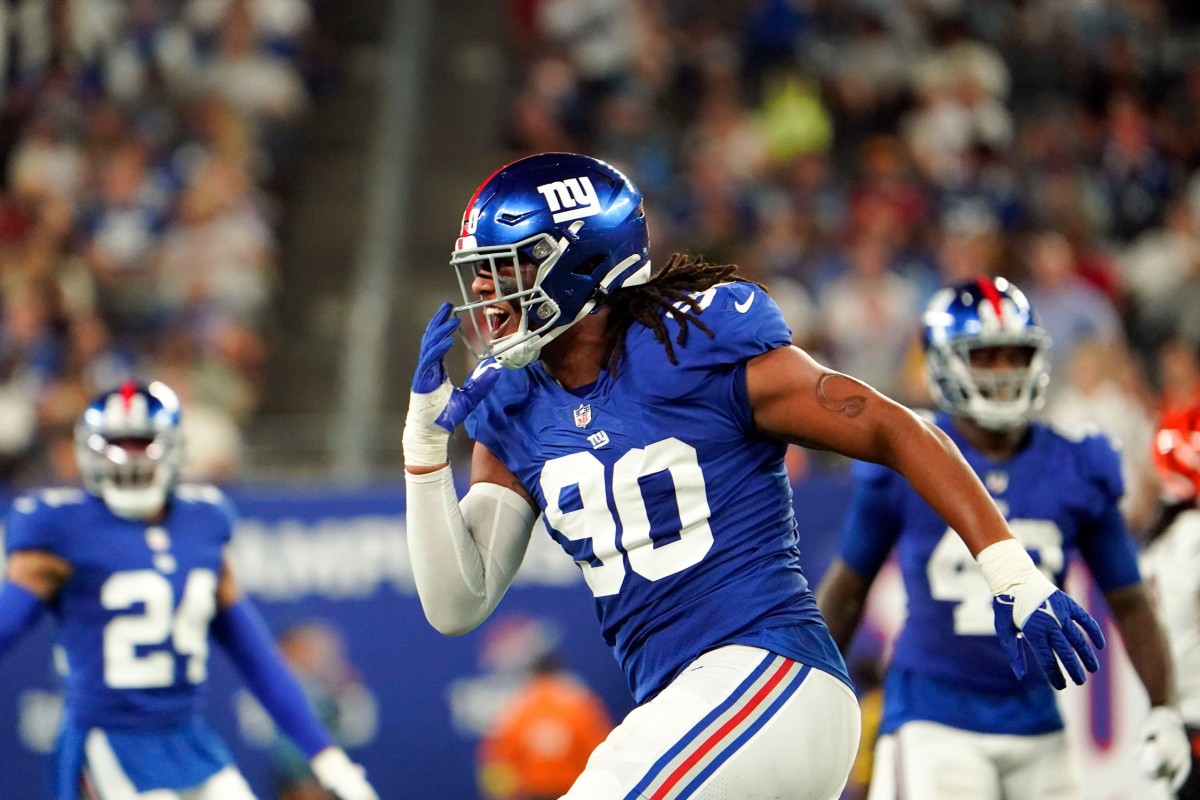 New York Giants defensive end Ryder Anderson (90) reacts to a sack against the Cincinnati Bengals. during a preseason game at MetLife Stadium on August 21, 2022, in East Rutherford.