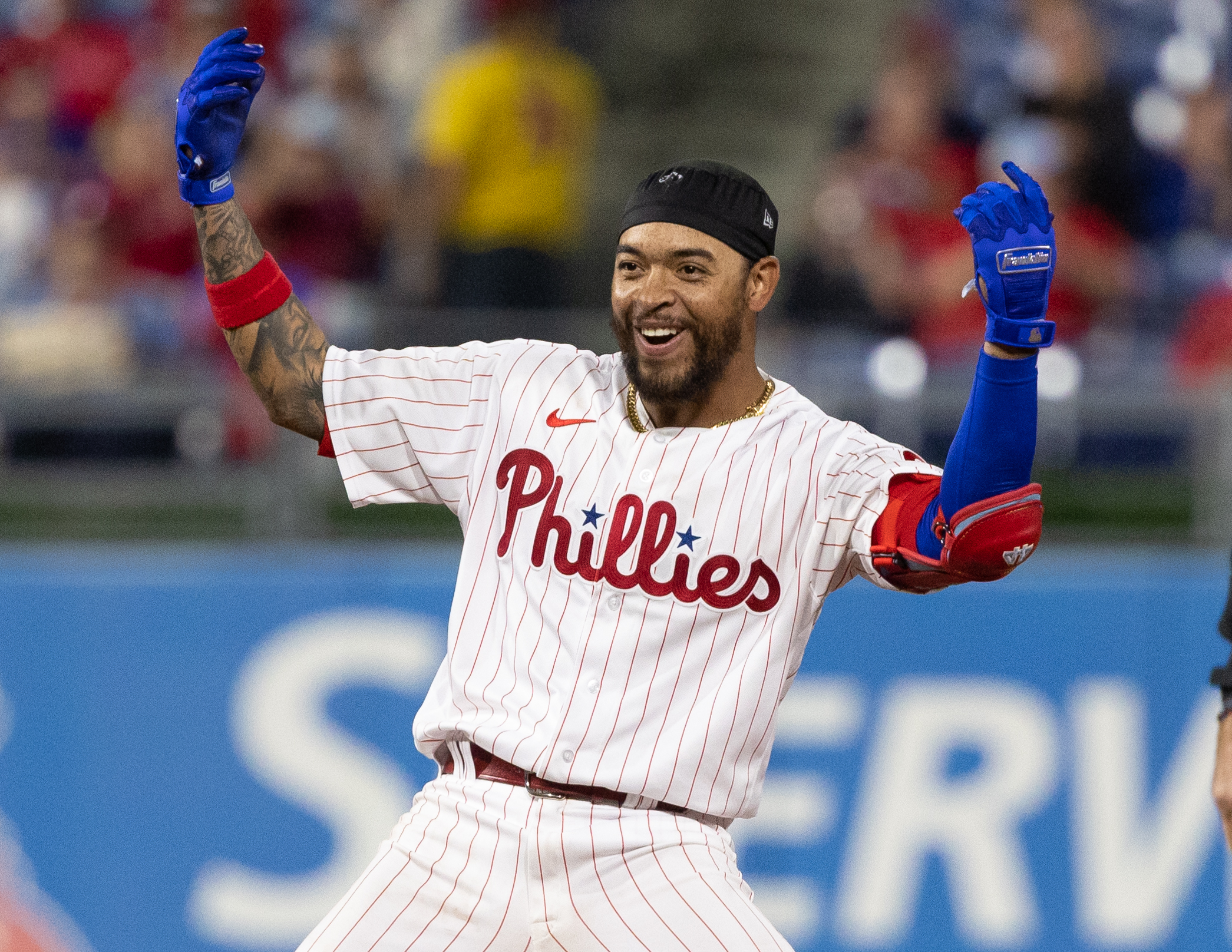 Philadelphia Phillies' Edmundo Sosa gestures from second base