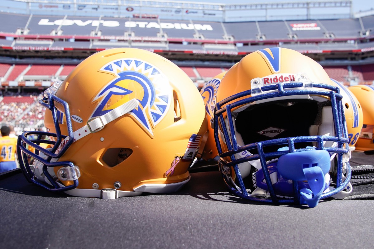 Oct 13, 2018; San Jose, CA, USA; General view of the San Jose State Spartans helmets before the game against the Army Black Knights at Levi's Stadium. Mandatory Credit: Stan Szeto-USA TODAY Sports