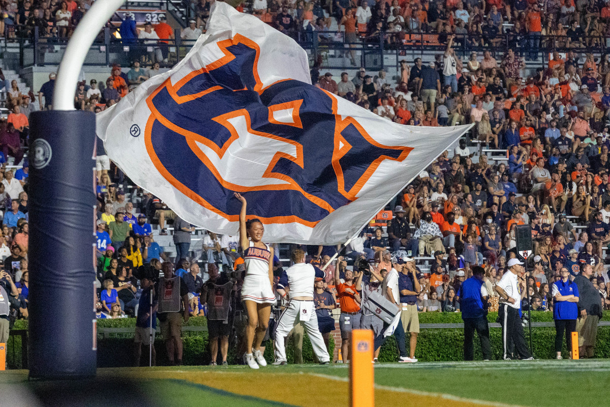 The Auburn Cheerleaders celebrate an Auburn score during the San Jose State vs Auburn game on Saturday, Sept. 10, 2022.