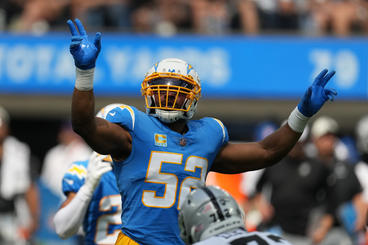 Sep 11, 2022; Inglewood, California, USA; Los Angeles Chargers linebacker Khalil Mack (52) reacts against the Los Angeles Chargers in the first half at SoFi Stadium. Mandatory Credit: Kirby Lee-USA TODAY Sports