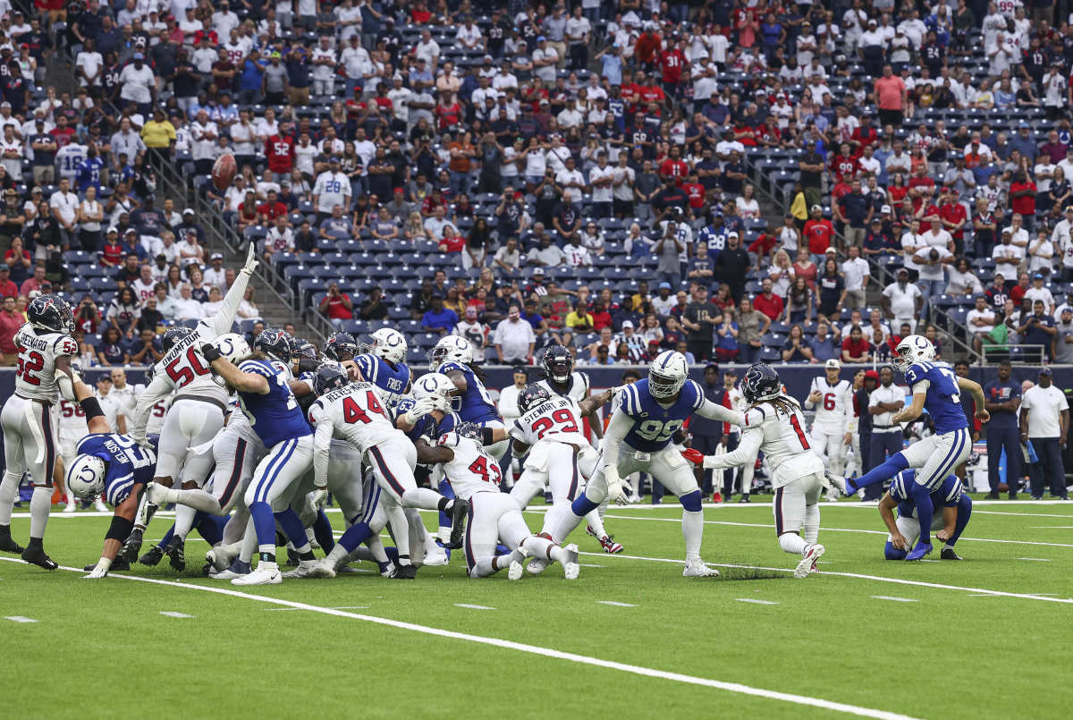 Sep 11, 2022; Houston, Texas, USA; Indianapolis Colts place kicker Rodrigo Blankenship (3) misses a field goal during overtime against the Houston Texans at NRG Stadium.