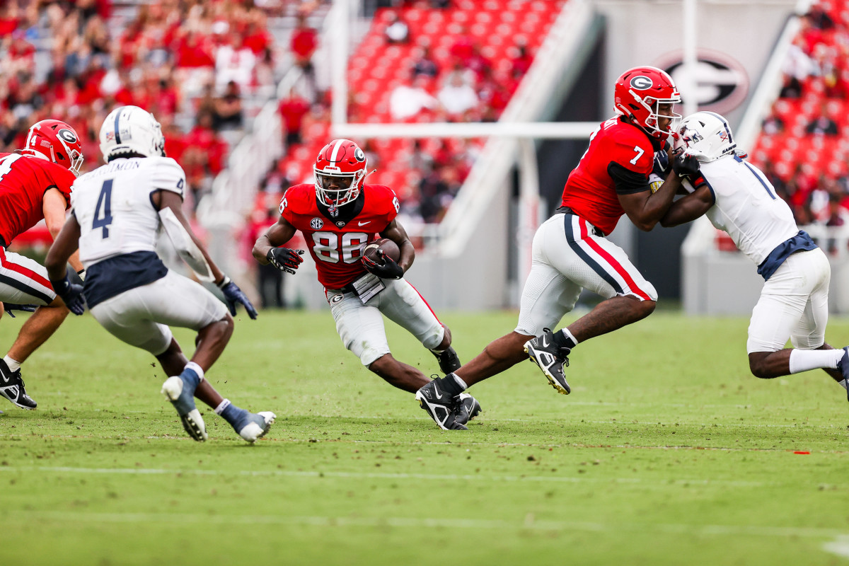 Georgia wide receiver Dillon Bell (86) during a game against Samford on Dooley Field at Sanford Stadium in Athens, Ga., on Saturday, Sept. 10, 2022. (Photo by Tony Walsh)