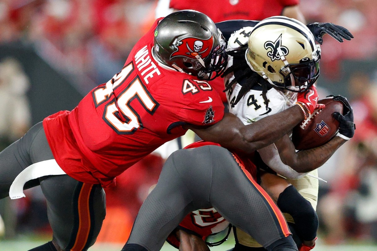 Tampa Bay Buccaneers running back Ke'Shawn Vaughn (21) covers a kick during  an NFL football game against the New Orleans Saints, Monday, Dec. 5, 2022,  in Tampa, Fla. (AP Photo/Peter Joneleit Stock