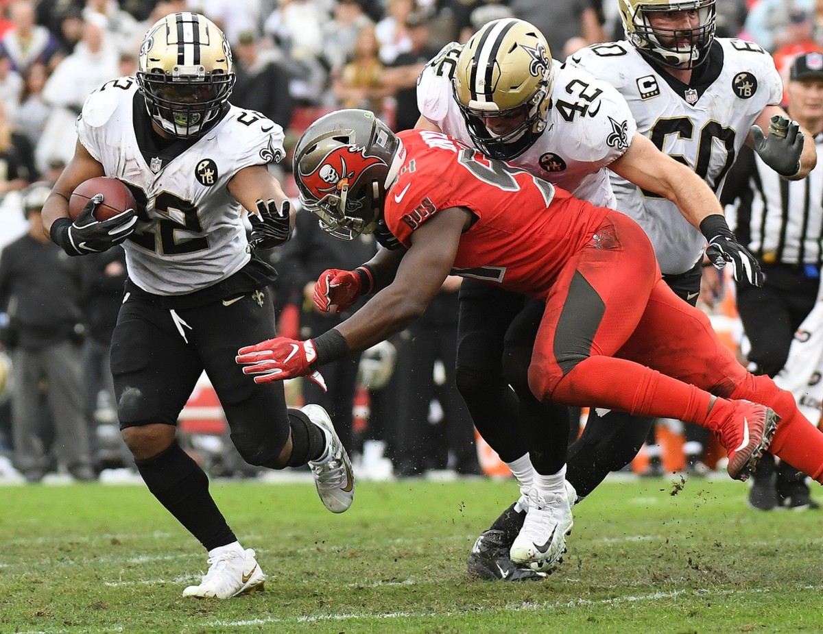 Tampa Bay Buccaneers running back Ke'Shawn Vaughn (21) covers a kick during  an NFL football game against the New Orleans Saints, Monday, Dec. 5, 2022,  in Tampa, Fla. (AP Photo/Peter Joneleit Stock