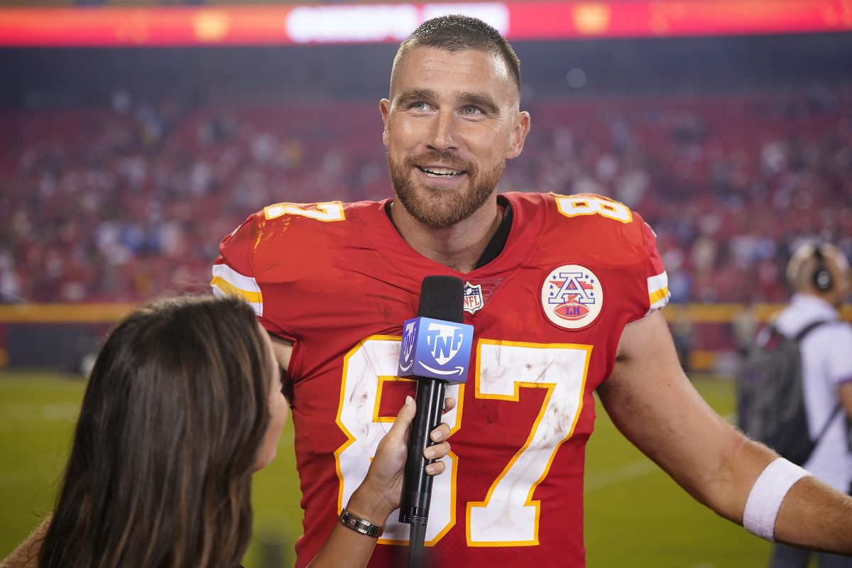 Sep 15, 2022; Kansas City, Missouri, USA; Kansas City Chiefs tight end Travis Kelce (87) is interviewed post game following the victory against the Los Angeles Chargers at GEHA Field at Arrowhead Stadium. Mandatory Credit: Jay Biggerstaff-USA TODAY Sports