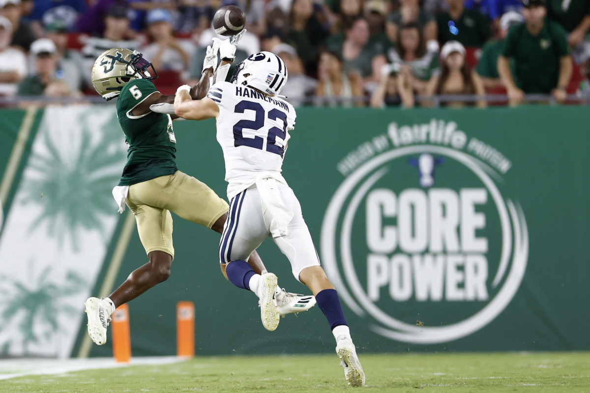 BYU defensive back Ammon Hannemann breaks up a pass against the USF Bulls.