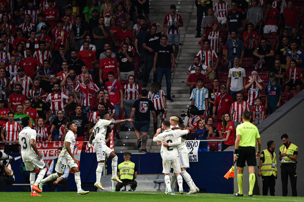 Real Madrid players pictured celebrating a goal during their 2-1 win at Atletico Madrid in September 2022