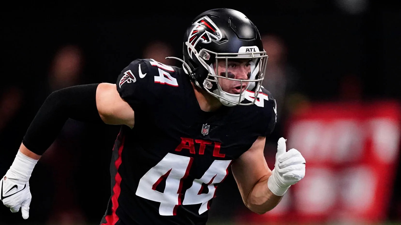 Atlanta Falcons linebacker Troy Andersen (44) works during the