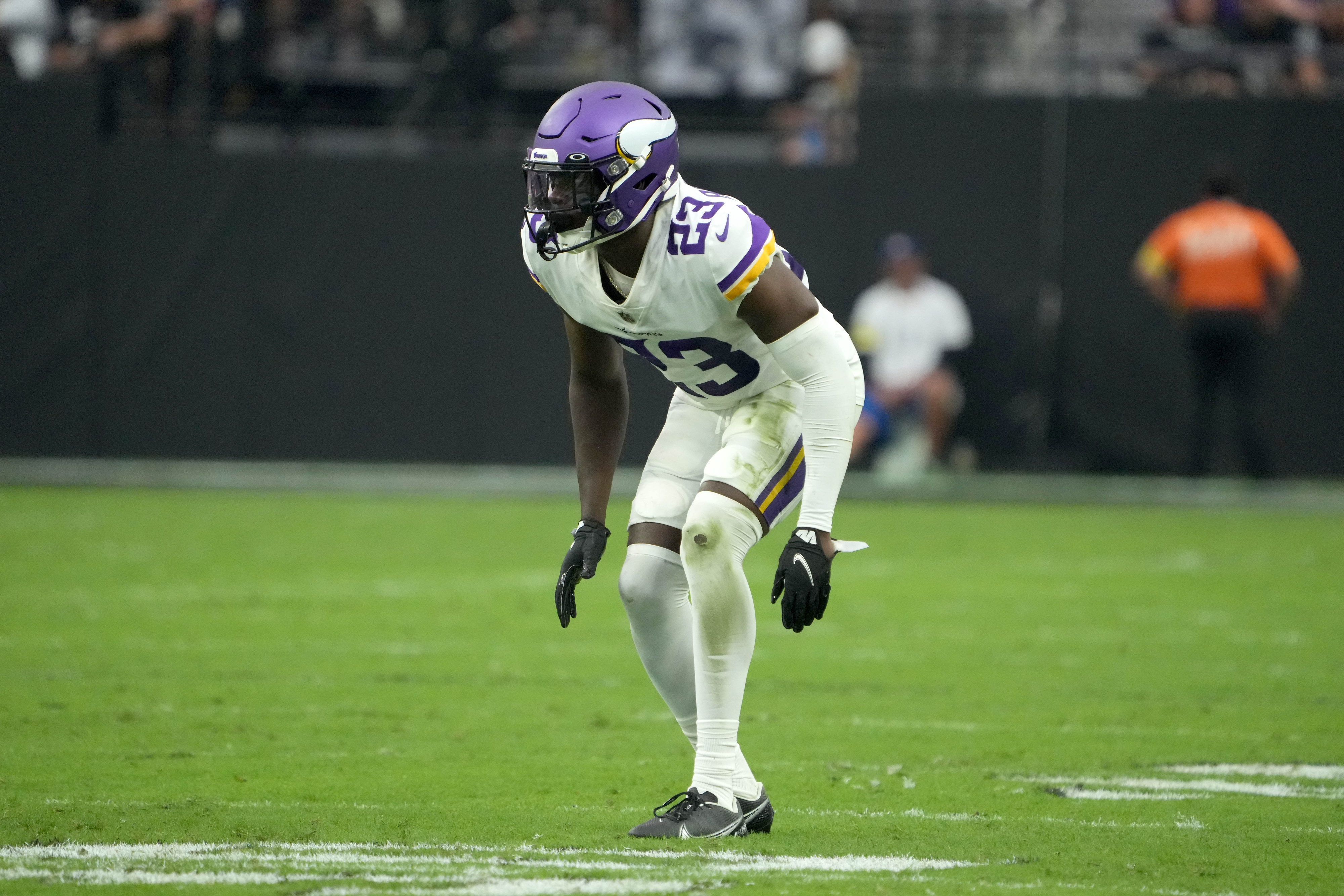 Minnesota Vikings cornerback Andrew Booth Jr. warms up before their game  against the San Francisco 49ers during an NFL preseason football game,  Saturday, Aug. 20, 2022, in Minneapolis. (AP Photo/Craig Lassig Stock