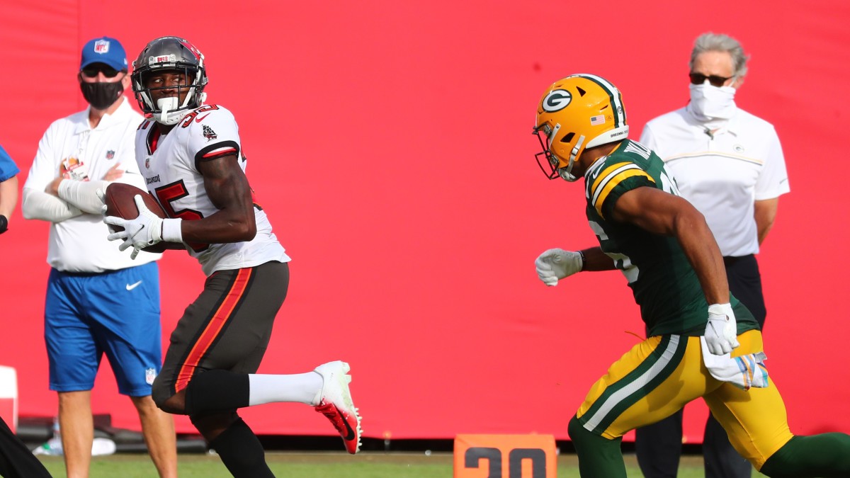 Jamel Dean had a pick-six vs. the Packers in 2020. (Kim Klement/USA Today Sports)