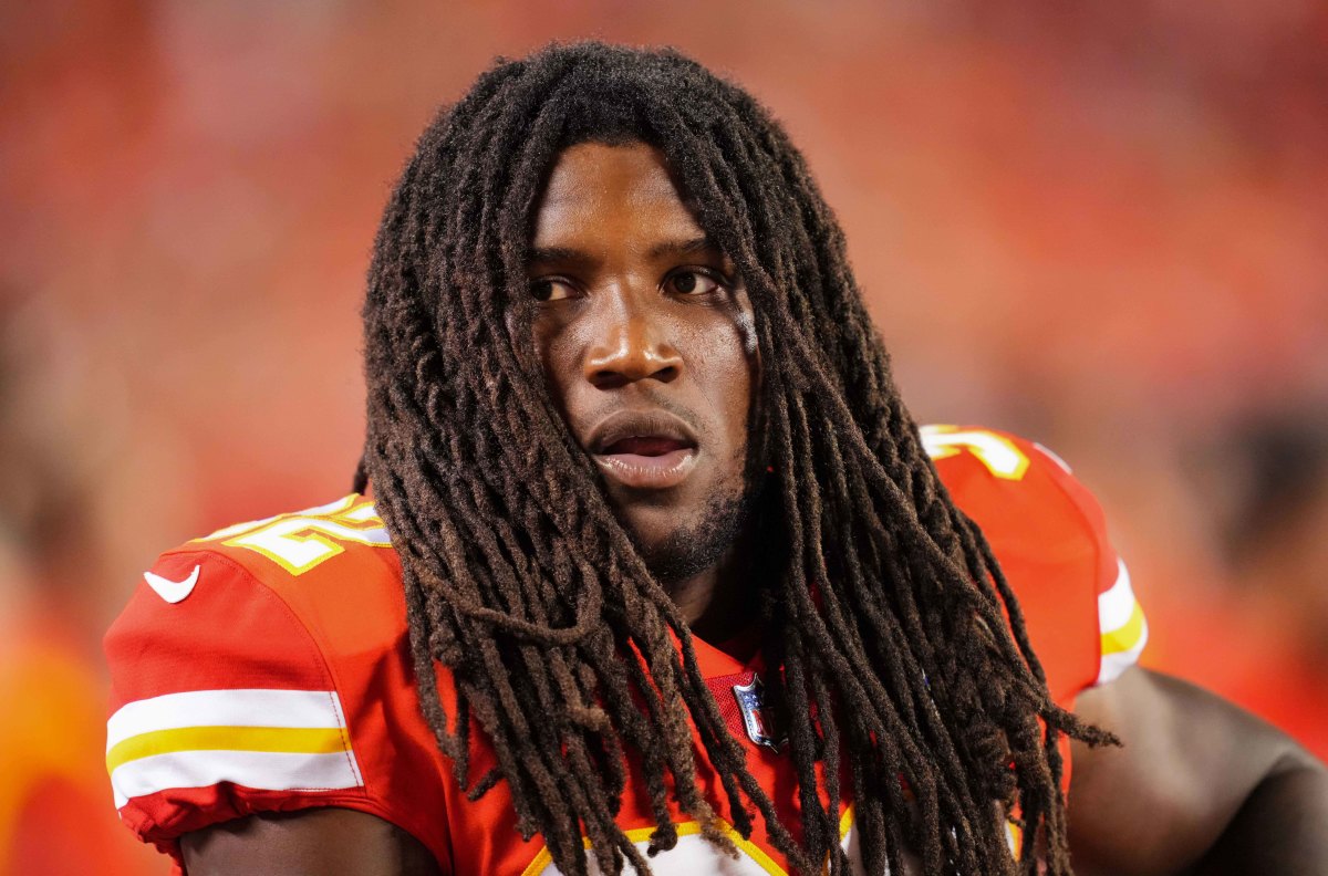 Aug 25, 2022; Kansas City, Missouri, USA; Kansas City Chiefs linebacker Nick Bolton (32) reacts during the second half against the Green Bay Packers at GEHA Field at Arrowhead Stadium. Mandatory Credit: Jay Biggerstaff-USA TODAY Sports