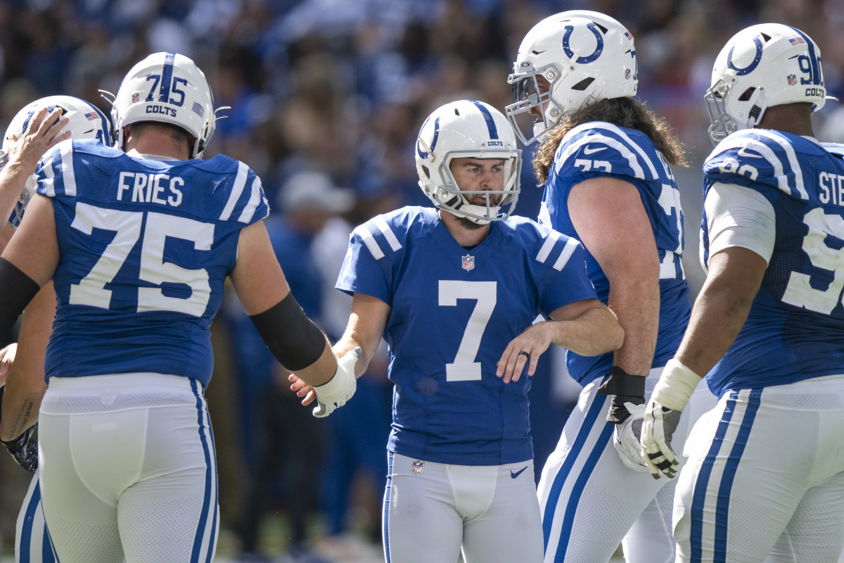 Sep 25, 2022; Indianapolis, Indiana, USA; Indianapolis Colts place kicker Chase McLaughlin (7) celebrates a field goal during the second half against the Kansas City Chiefs at Lucas Oil Stadium.