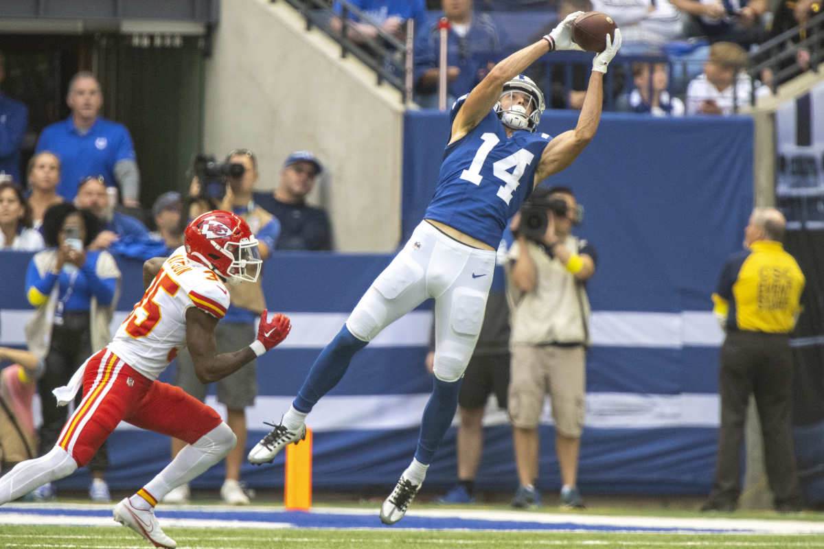 Indianapolis Colts wide receiver Alec Pierce (14) drops a pass as