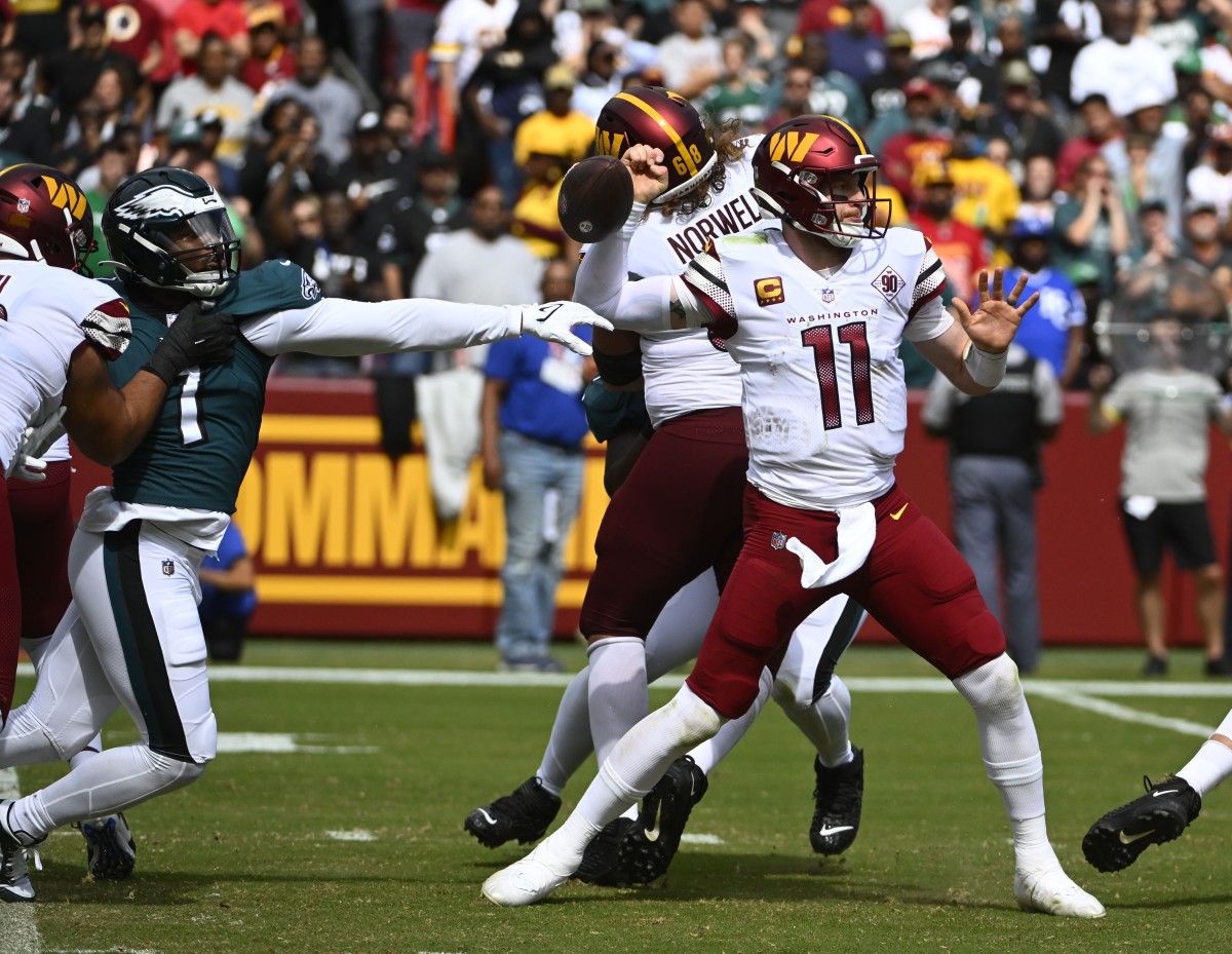 Haason Reddick forces a fumble on one of his sacks against Caron Wentz and the Commanders in Week 3 win