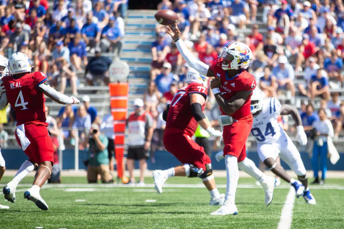 Kansas junior quarterback Jalon Daniels (6) throws a pass in the third quarter of Saturday's game against Duke at David Booth Kansas Memorial Stadium Saturday.