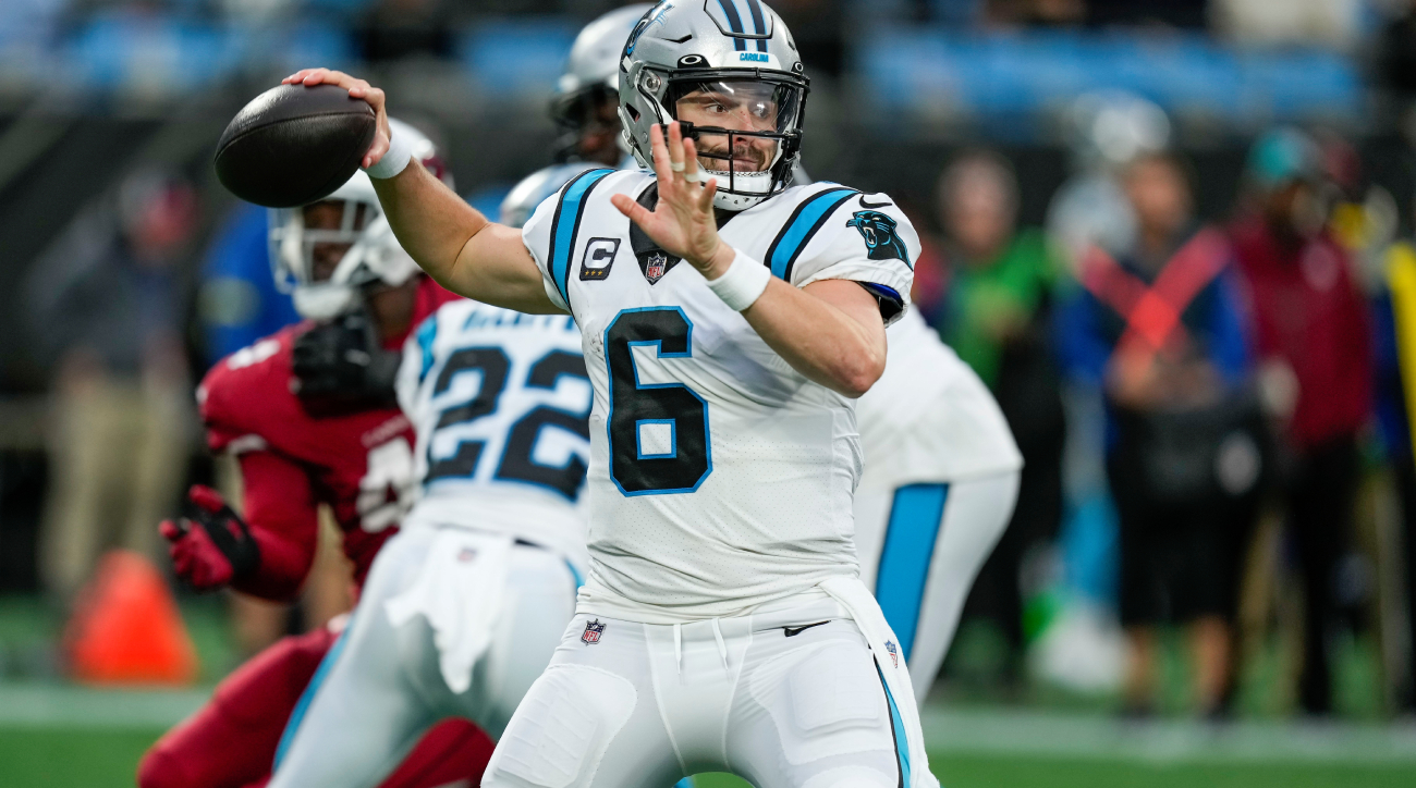 Baker Mayfield Carolina Panthers Game-Used #6 White Jersey vs. Arizona  Cardinals on October 2 2022