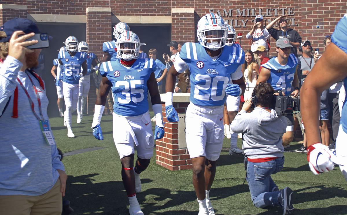 Ole Miss LB Reginald Hughes (No. 35) taking the field during the 2022 season.