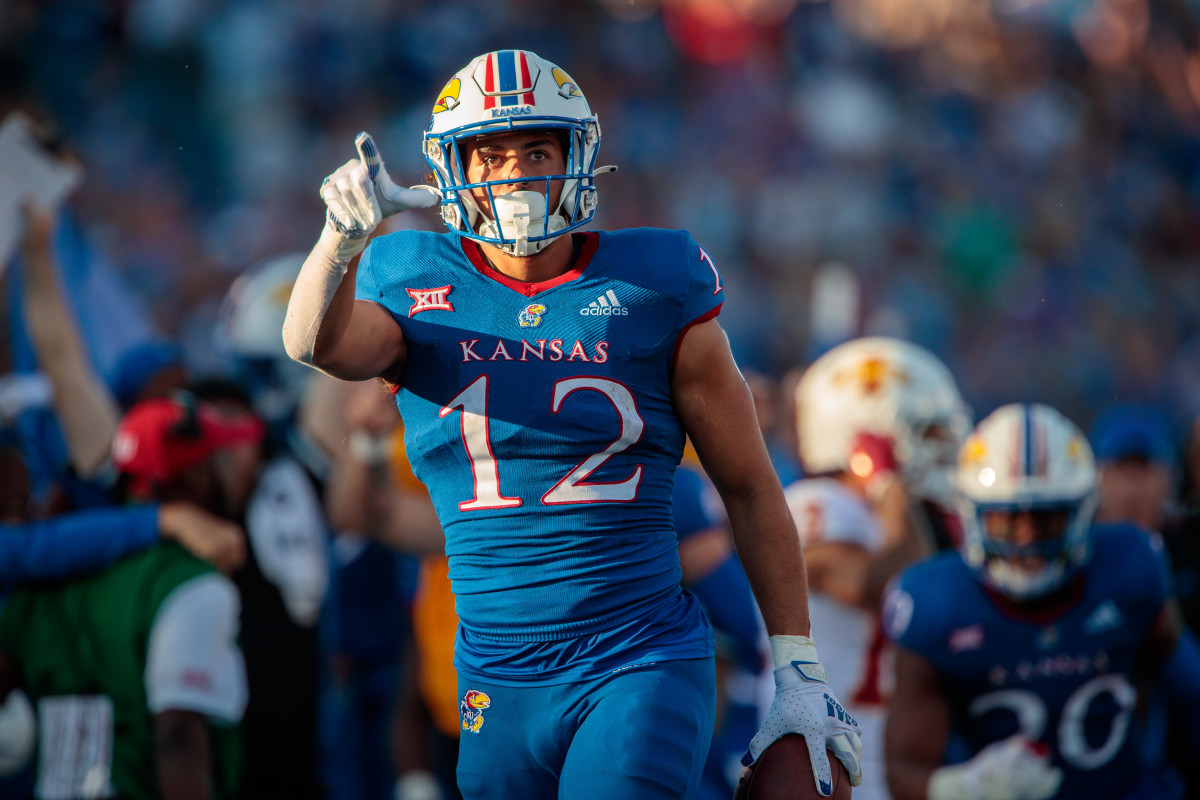 Oct 1, 2022; Lawrence, Kansas, USA; Kansas Jayhawks linebacker Tristian Fletcher (12) celebrates after a play during the fourth quarter against the Iowa State Cyclones at David Booth Kansas Memorial Stadium. Mandatory Credit: William Purnell-USA TODAY Sports