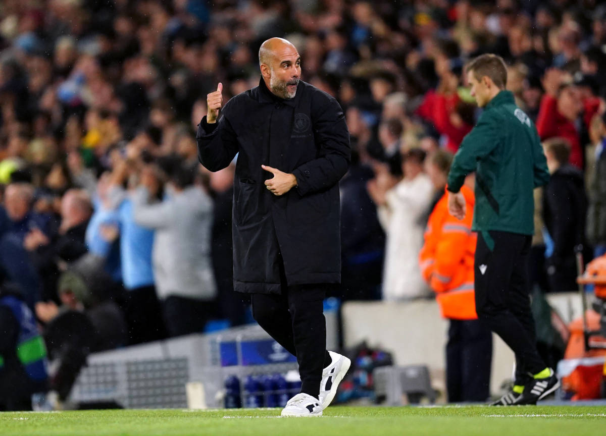 Pep Guardiola pictured celebrating after a goal by Erling Haaland (not in shot) during Manchester City's 5-0 win over Copenhagen in October 2022