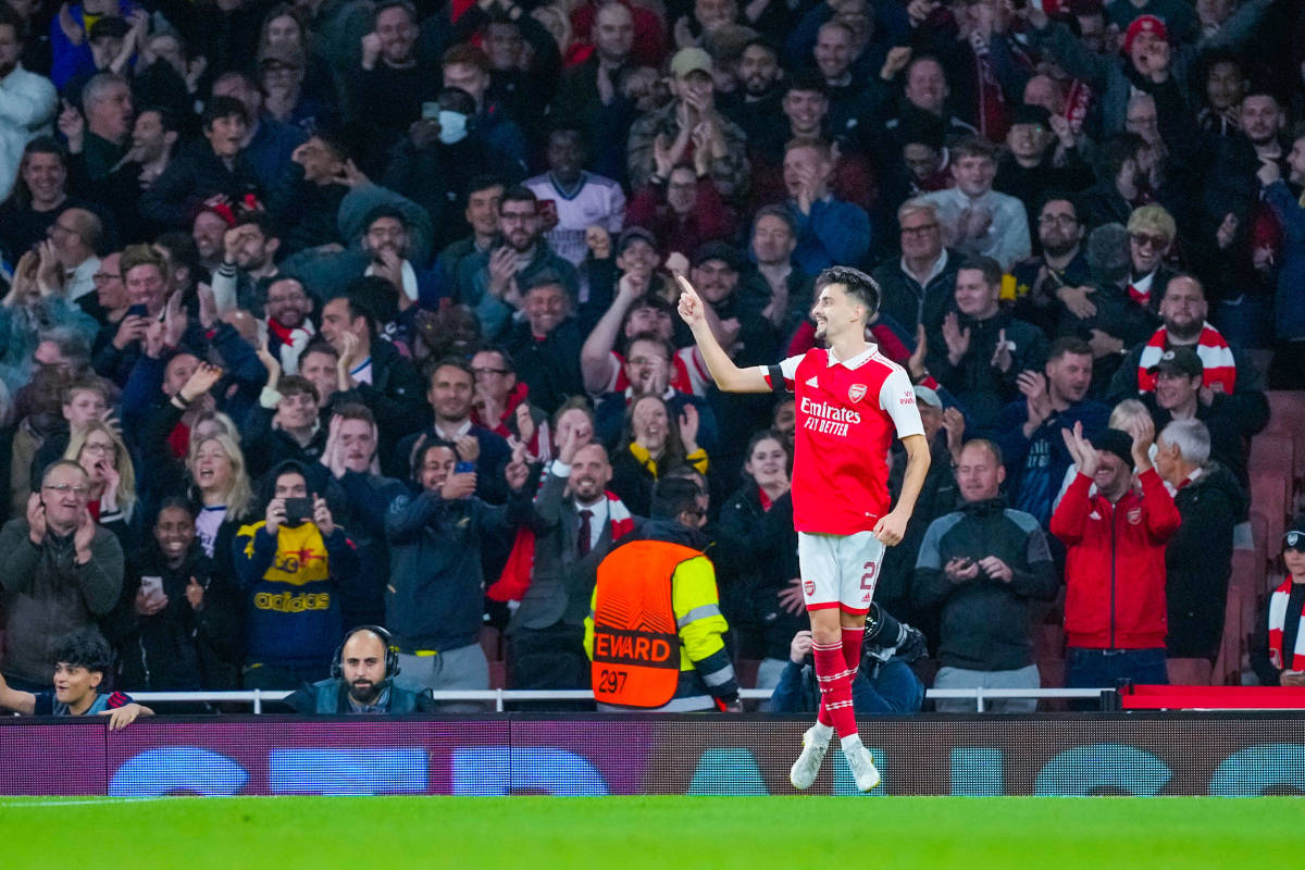 Fabio Vieira pictured celebrating after scoring for Arsenal in a 3-0 win over Bodo/Glimt in October 2022