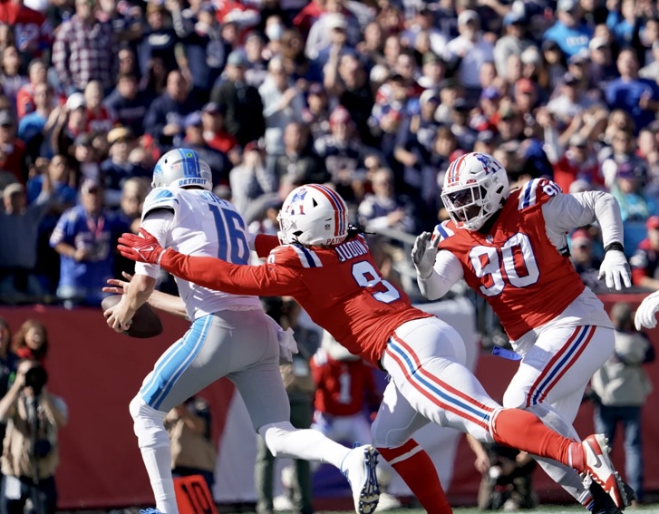 New England Patriots' Matthew Judon greets the End Zone Militia after an  NFL football game against the Detroit Lions at Gillette Stadium, Sunday,  Oct. 9, 2022 in Foxborough, Mass. (Winslow Townson/AP Images