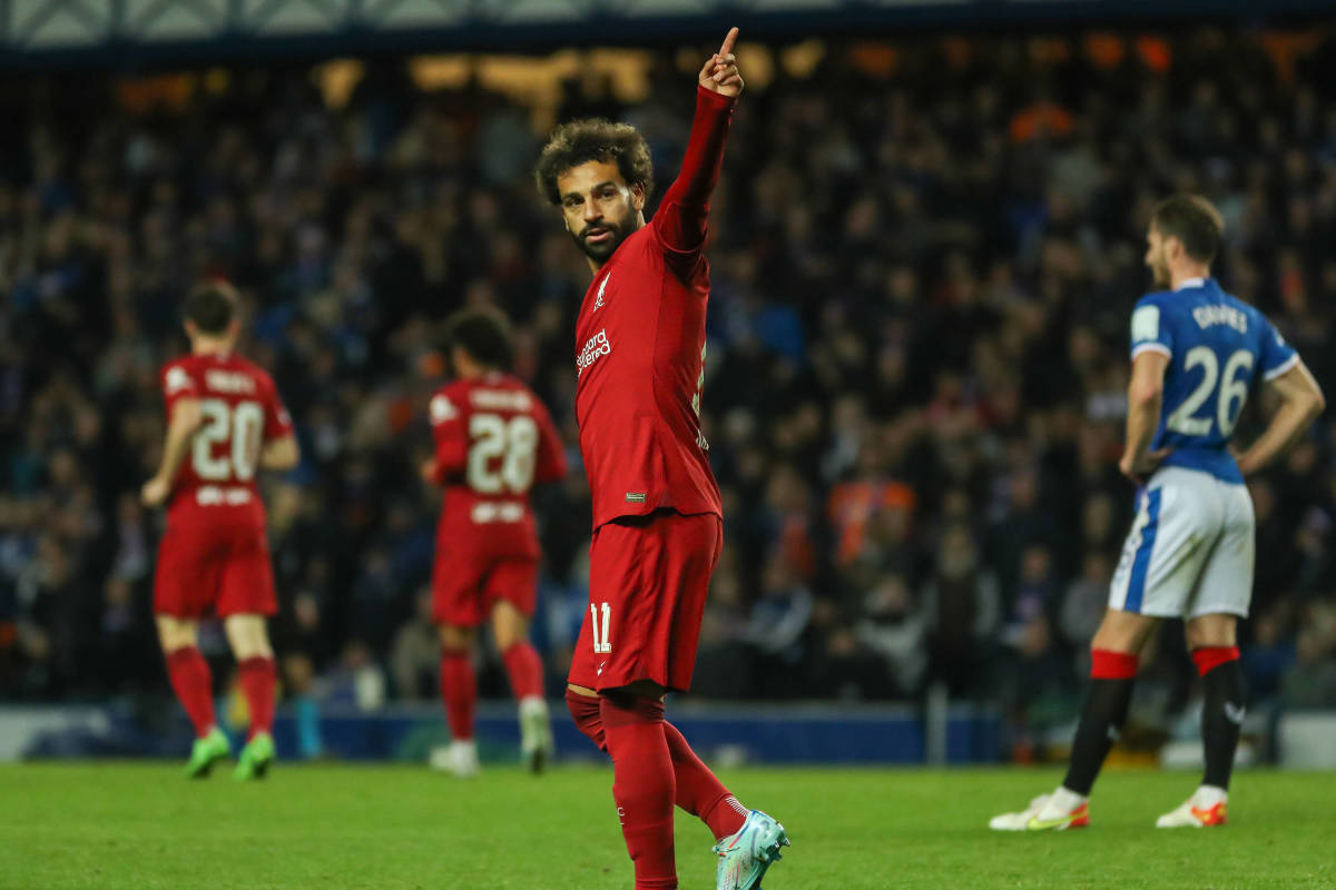 Hat-trick hero Mo Salah pictured (center) celebrating one of his three goals during Liverpool's 7-1 win over Rangers in October 2022