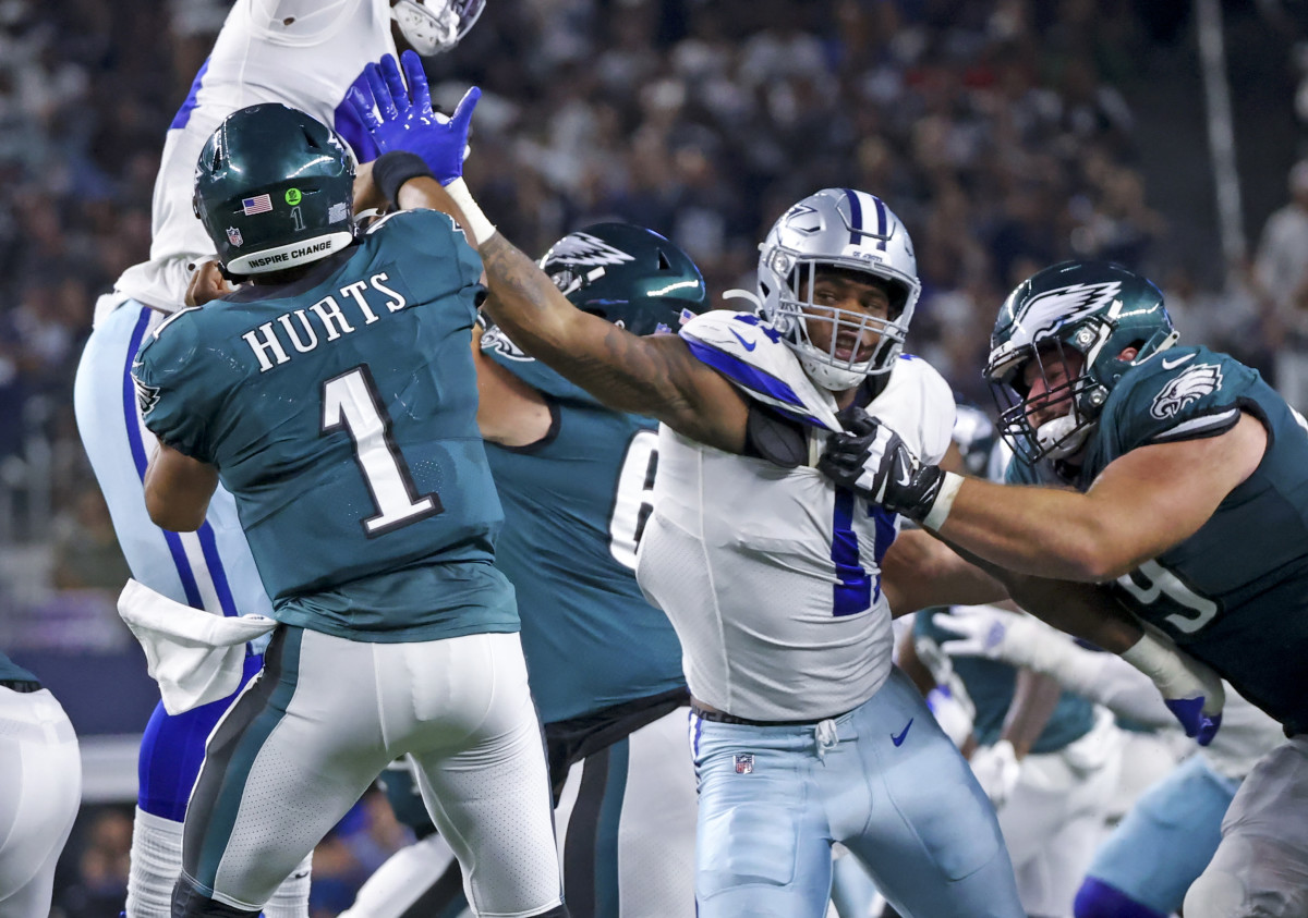 Dallas Cowboys linebacker Micah Parsons (11) rushes against Lane Johnson  (65) during an NFL football game against the Philadelphia Eagles, Monday,  Sept. 27, 2021, in Arlington, Texas. (AP Photo/Matt Patterson Stock Photo -  Alamy