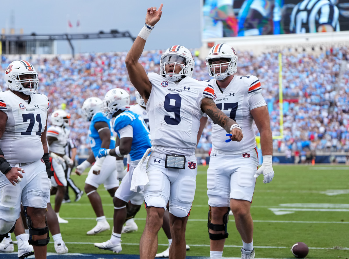 Oxford, Mississippi, USA; Robby Ashford (9) points to the sky after a touchdown during the game Auburn vs Ole Miss Austin Perryman/AU Athletics