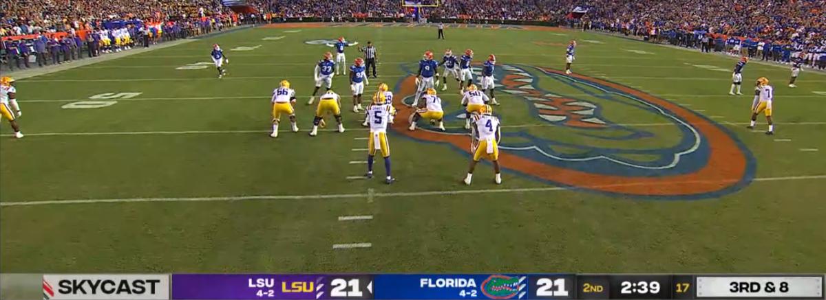 Florida's defense figuring out where to line up against LSU's offense on 3rd and 8 in the second quarter.