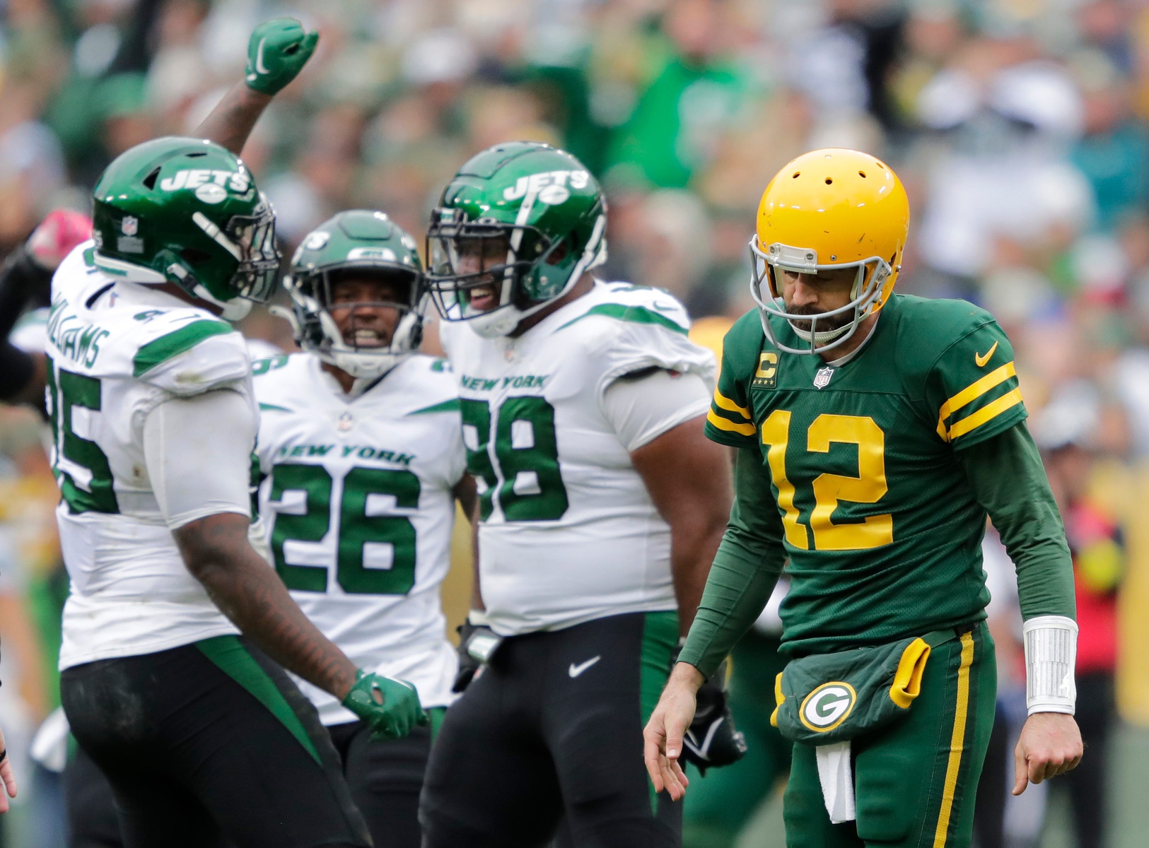 New York Jets linebacker Quincy Williams (56) reacts during an NFL game  against the Green Bay Packers Sunday, Oct. 16, 2022, in Green Bay, Wis. (AP  Photo/Jeffrey Phelps Stock Photo - Alamy